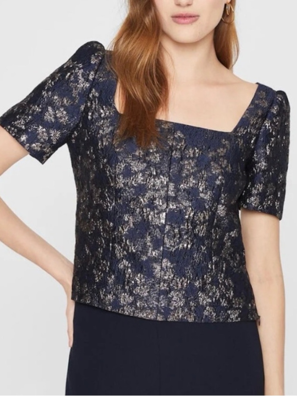 Club Monaco Black and Rose Gold Brocade Square Neck Blouse
